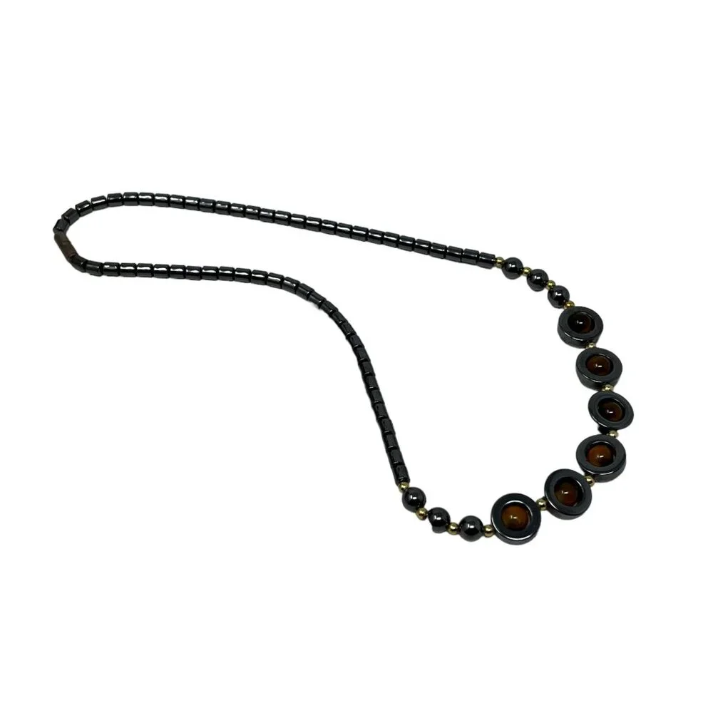 Hematite Necklace Black Natural Stone Caged Yellow Orange‎ Beads Gold Tone Beads